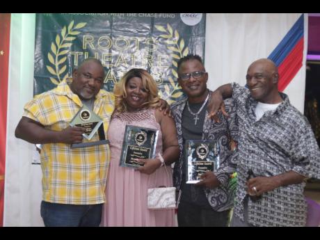 Credit: Contributed Veterans of roots theatre (from left) playwright/actor of Lukington Productions, Luke Ellington; Margaret ‘Cushie’ Wilson; popular actor Dennis Hall; and renowned playwright/actor, Joshua ‘Br Desmond’ Tomlin, celebrate together.