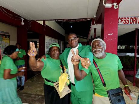 George Wright (centre), member of parliament for Westmoreland Central, is welcomed back by Jamaica Labour Party supporters at yesterday’s Young Jamaica Westmoreland Youth Conference at Godfrey Stewart High School in the parish.  