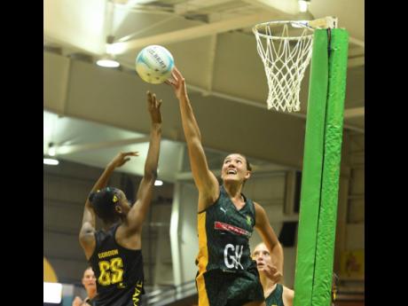SPAR Baby Proteas’ Luca Keun (right) defends against Under-21 Sunshine Girls goal shooter Kelliann Hunter during game one of their three-match netball series at the National Indoor Sports Centre on Saturday, January 18.