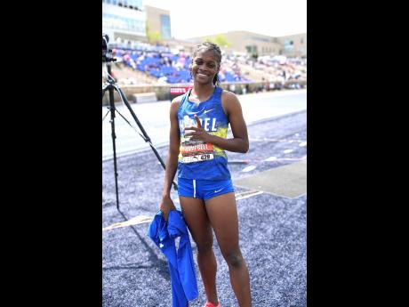 Hydel High School’s Abigail Campbell celebrates winning the high school girls’ 400 metres at the Puma East Coast International Showcase held at Morgan State University in Baltimore, Maryland on Saturday.