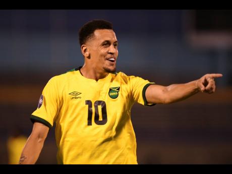 Credit: Ricardo Makyn/Chief Photo Editor Jamaica’s Ravel Morrison points to goalscorer Leon Bailey (not in photo) in celebration of the opening goal of a Concacaf Nations League encounter against Mexico inside the National Stadium.