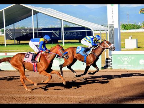 Credit: Anthony Minott ANOTHER ONE (right), ridden by Shane Ellis, winning the Mother’s Day Special ahead of LOCKDOWN (Paul Francis) over five furlongs straight at Caymanas Park on Saturday, May 10.