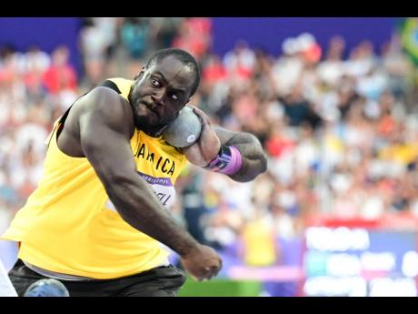 Credit: Gladstone Taylor Rajindra Campbell competing in the men’s shot put qualifiers at the Stade de France in Paris, France on Friday, August 2, 2024. Campbell advanced to the finals where he won the bronze medal.