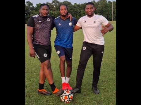 Credit: Contributed From left: Clarendon Elite Sports board member Ruel Rawlins; Anthony Baker, founder of Clarendon Elite Sports Foundation and AJR Sporting Goods and brand manager Keithy Simpson, former national and Waterhouse FC player.