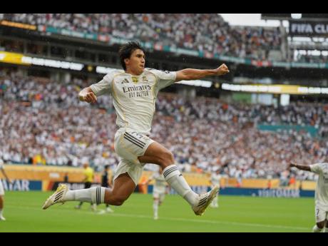 Real Madrid’s Gonzalo Garcia celebrates after scoring during the Club World Cup round-of-16 match between Real Madrid and Juventus in Miami Gardens, Florida, yesterday.