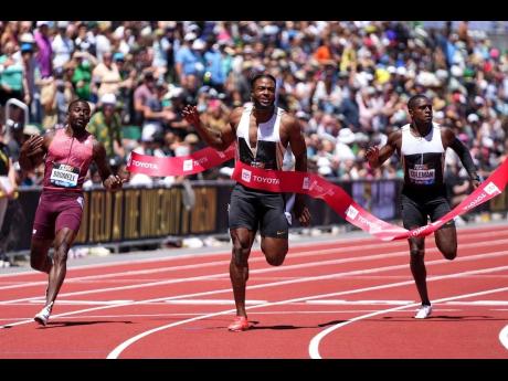 Credit: Courtesy of diamondleagueathletics/IG Jamaica’s Kishane Thompson (centre) comes through the tape ahead of the United States’ Trayvon Brommell (left) and Christian Coleman at the Prefontaine Classic inside Hayward Field on Saturday.