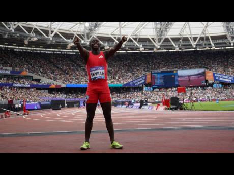 Credit: @Diamond_League/X Oblique Seville signals to the crowd at the London Diamond League inside the Olympic Stadium after winning the 100 metres in 9.86 seconds on Saturday.