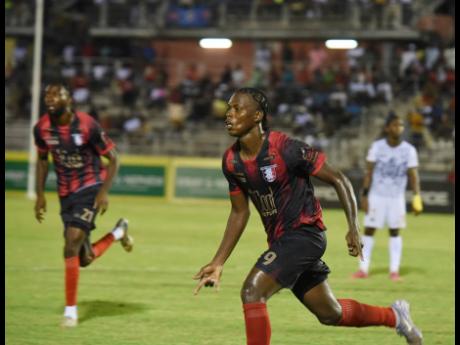 Arnett Gardens FC’s Warner Brown celebrates after scoring the equaliser against Cavalier FC during their Jamaica Premier League first-leg semi-final football match at Montego Bay Sports Complex in St James on Thursday, May 15, 2025. 