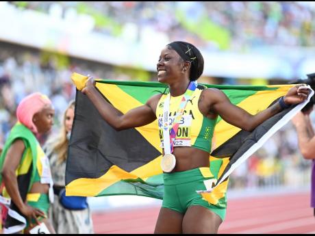 Jamaica’s Shericka Jackson celebrates victory in the women’s 200m finals at the World Athletics Championships at Hayward Field in Eugene, Oregon, United States.
