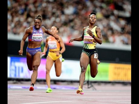 Credit: Gladstone Taylor Jamaica’s Shericka Jackson (right) winning her semi-final of the women’s 200m in a season best 21.99 seconds ahead of the United States’ Brittany Brown (left), 22.13