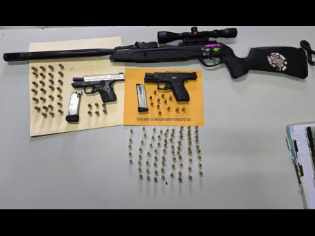 Close to 120 assorted rounds, two 9mm firearms and shot gun (airgun), were seized during a pre-dwan operation in St Ann.