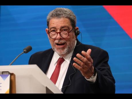 Former St Vincent and Grenadines Prime Minister Ralph Gonsalves talks to journalists during a news conference at the end of the third EU-CELAC summit in Brussels, Belgium, on July 18, 2023.