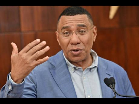 Prime Minister Dr Andrew Holness speaking at a press briefing at Jamaica House on November 6, 2025.