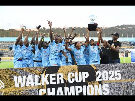 St Catherine High School celebrating victory as the 2025 Walker Cup KO champions after defeating Mona High School in the final at the National Stadium last Friday. 