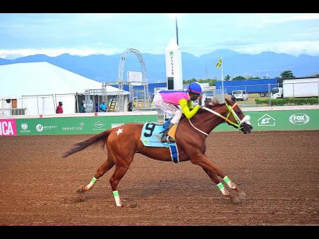 ZULU WARRIOR, ridden by  Demar Williams, wins the Security Department Trophy in a brisk 58 seconds over five furlongs at Caymanas Park on Saturday.