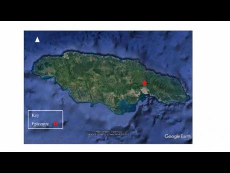 Google Earth image from the Earthquake Unit showing the epicentre of Thursday night’s magnitude-3.1 quake, about five kilometres north of Stony Hill, St Andrew.