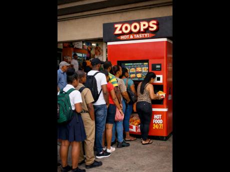 This AI-generated image shows crowds gathering around the popular Zoops vending machine.