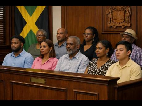 AI-generated image of jurors listening attentively during a trial in a Jamaican courtroom.