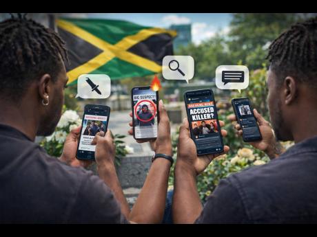 An AI-generated image capturing Jamaica in the digital age, where social media has become the new town square—hosting conversations, speculation, and real-time accountability.