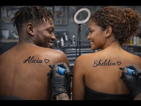 In this AI-generated image, this couple, Sheldon and Alicia, share a tender moment at a tattoo studio, getting each other’s names permanently inked on their backs.