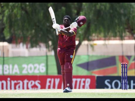 Credit: Courtesy of ICC via Getty Images Zachary Carter of West Indies celebrates after reaching his century during the ICC U19 Men’s Cricket World Cup 2026 match against South Africa at the High Performance Oval in Windhoek, Namibia yesterday.