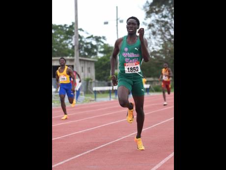 Jabari Matheson of William Knibb High wins the Class One boys 400 metres at last Saturday’s Central Hurdles, Relays and Field Events Meet at the GC Foster College in 47.40 seconds.