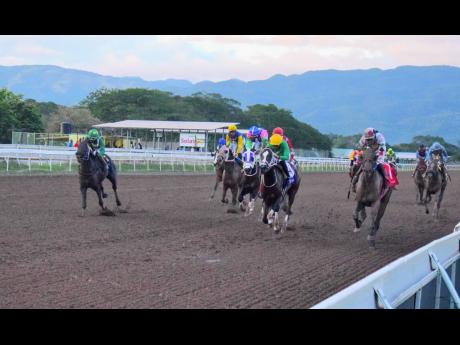 WHIZZ KIDD (right), ridden by Robert Halledeen, winning the seven-furlong nightpan ahead of RANI BANGALA (Tevin Foster) at long odds 67-1 at Caymanas Park on Saturday.