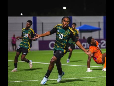 Jamaica’s Jabarie Howell celebrates scoring in the Concacaf Under-20 Qualifiers.