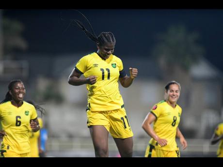 Khadija Shaw (centre) scored twice in Jamaica’s 3-2 win.