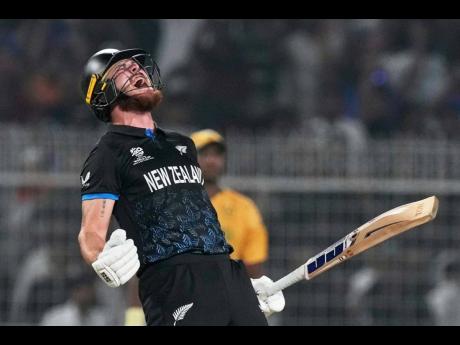 New Zealand’s Finn Allen celebrates hitting the winning runs and reaching his century during the ICC Men’s T20 World Cup cricket match against South Africa in Kolkata, India on Wednesday, March 4, 2026.