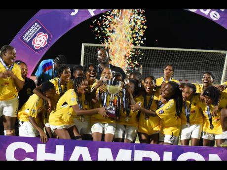 Members of Frazsiers Whip Women FC celebrate winning the Jamaica Women’s Premier League football title. Frazsiers Whip defeated Cavalier Women 4-1 in the final at Ashenheim Stadium, Jamaica College on Saturday, August 9, 2025.