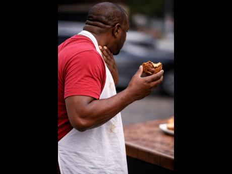AI-generated image depicting a man choking during a food-eating competition.
