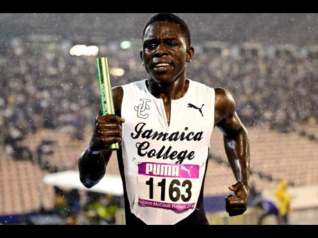 A member of the Jamaica College (IC) team competing in the boys’ open 4x800m final at the Gibson McCook Relays at the National Stadium in St Andrew on Saturday, February 24, 2024. JC are among Jamaican schools chasing top honours at the upcoming Penn Relays.