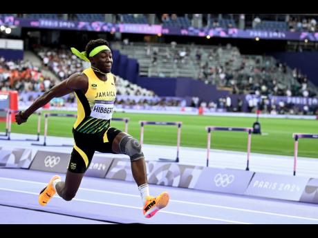 Jaydon Hibbert of Jamaica competing in the men’s triple jump qualifiers at the Stade de France in Paris, France, on Wednesday, August 7, 2024.
