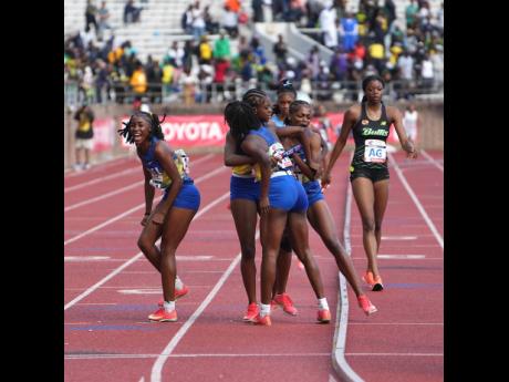Hydel High School’s athletes celebrate winning the final event of the Penn Relays, the Championship of America 4x400-metres inside Franklin Field Stadium in Philadelphia, Pennsylvania on Saturday, April 26, 2025.