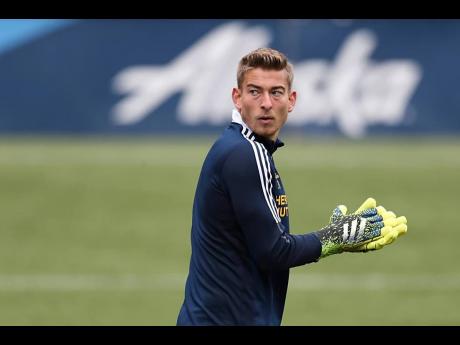 Goalkeeper Jonathan Klinsmann warms up while representing LA Galaxy prior to a MLS soccer match against the Portland Timbers on May 22, 2021, in Portland, Oregon.