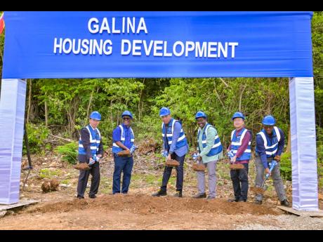 Prime Minister Dr Andrew Holness (third left), and Member of Parliament for St Mary Western, Robert Montague (third right), lead the symbolic groundbreaking for the Galina Housing Development in the parish last Friday. They are joined by (from left), Vice General Manager, Henan Fifth Construction Group, Zitao Wang; Chairman, National Housing Trust (NHT), Linval Freeman; Chinese Ambassador Wang Jinfeng; and Managing Director, NHT, Martin Miller. 