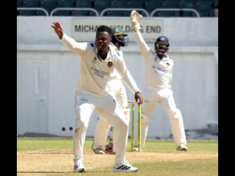 Barbados Pride’s Joshua Bishop (front) appeals for a wicket on day two of the West Indies Championship cricket match against Jamaica Scorpions at Sabina Park, in Kingston, on Monday, April 27, 2026.