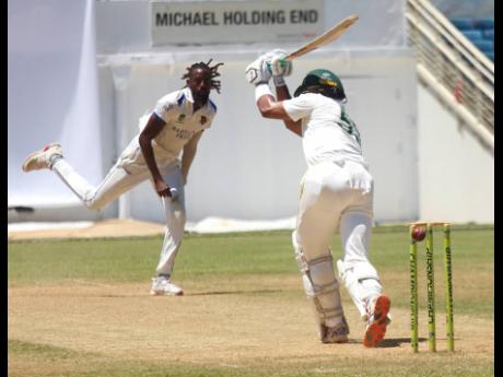 Jamaica Scorpions batsman Brandon King flicks a delivery from Shamar Springer of Barbados Pride during their West Indies Championship match at Sabina Park yesterday. King made 63 in Jamaica Scorpions’ second innings.